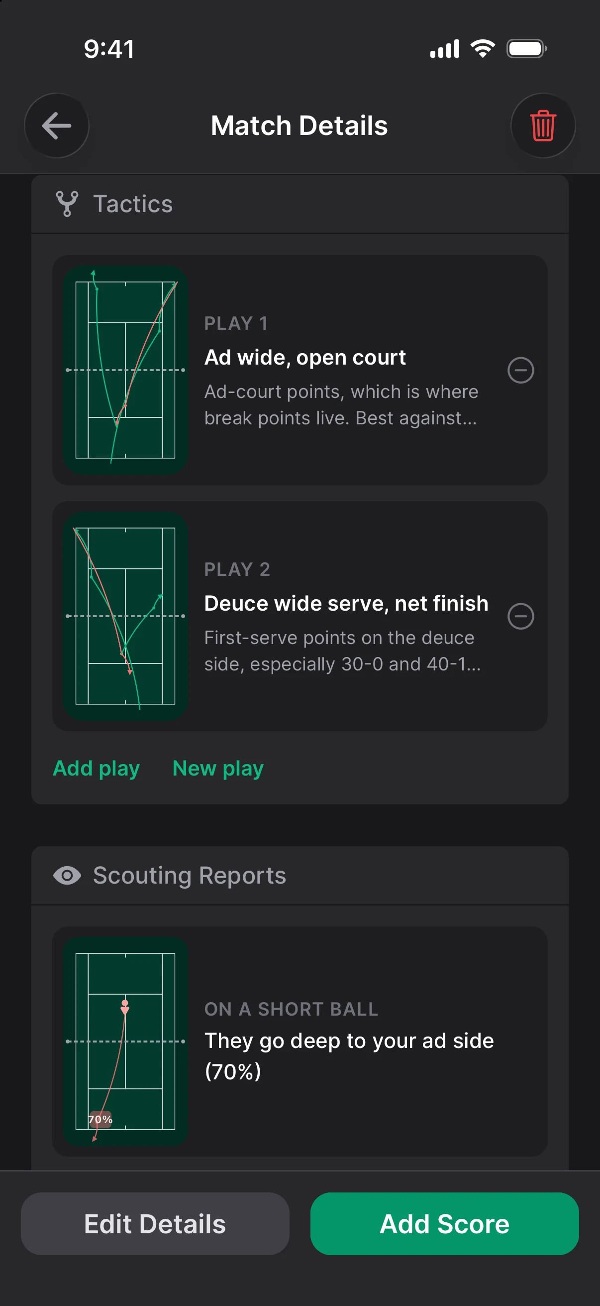 An upcoming match with two plays attached: ad wide to the open court, and a deuce wide serve finished at the net
