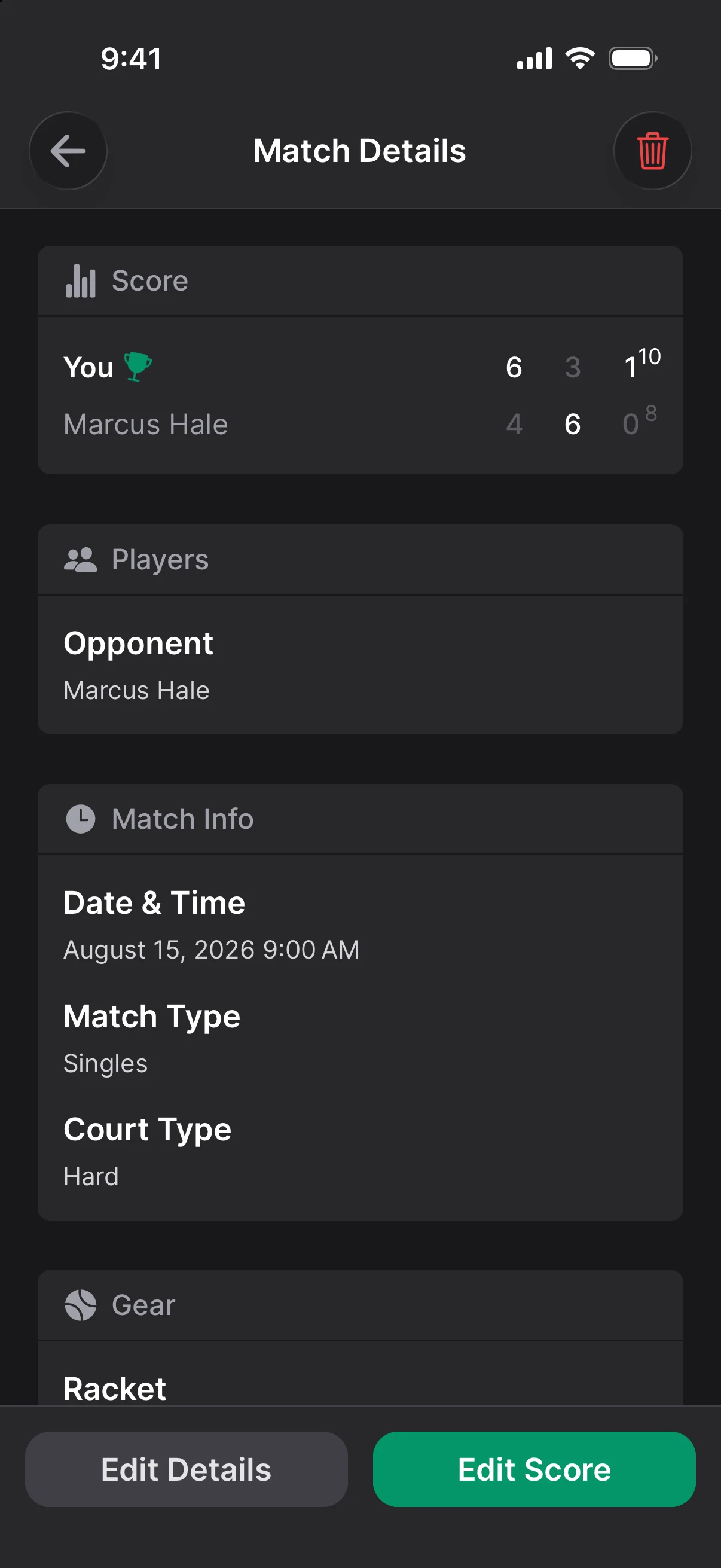 The score of a match won 6-4, 3-6 and 10-8 in the deciding tiebreak