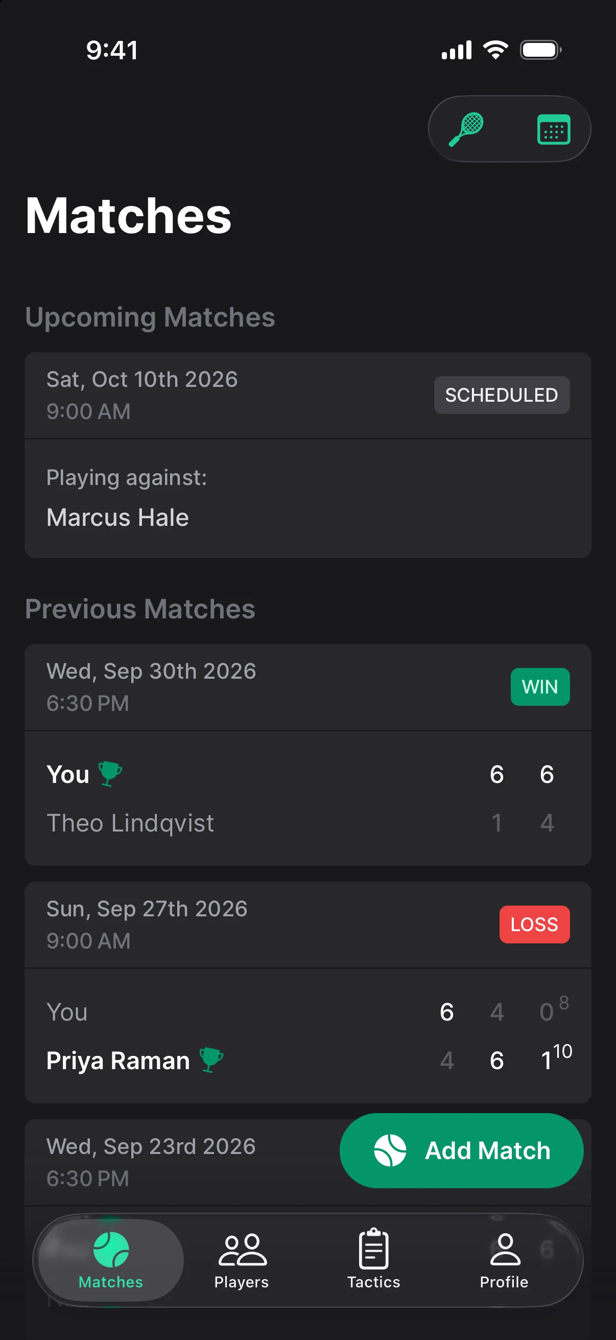 Matches screen: an upcoming match and the latest results with set scores